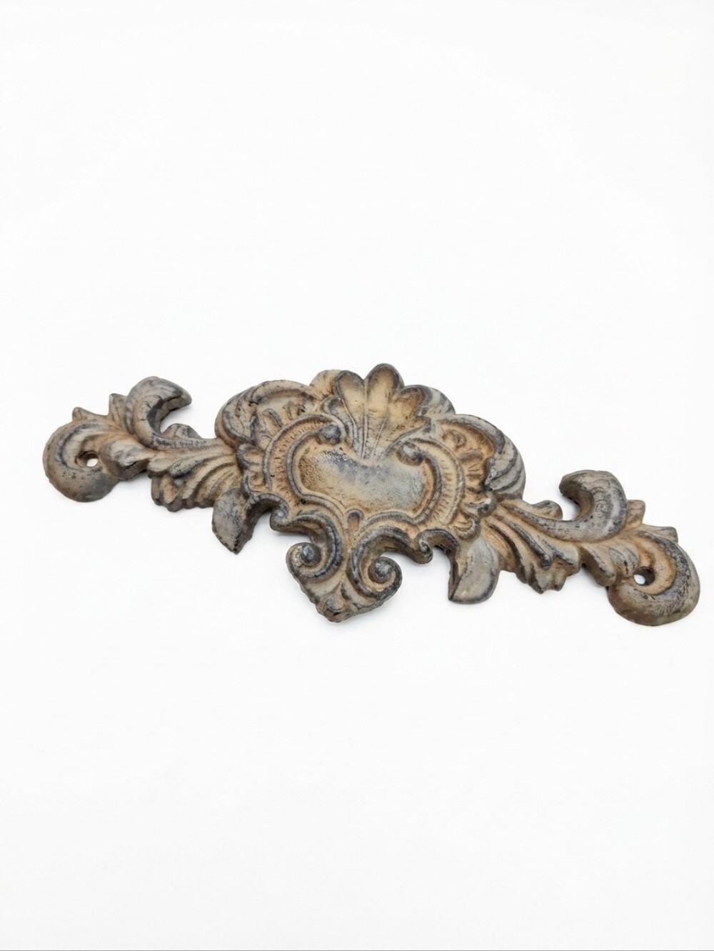 Vintage Cast Iron Architectural Scroll Plaque Pediment Furniture Applique Decor